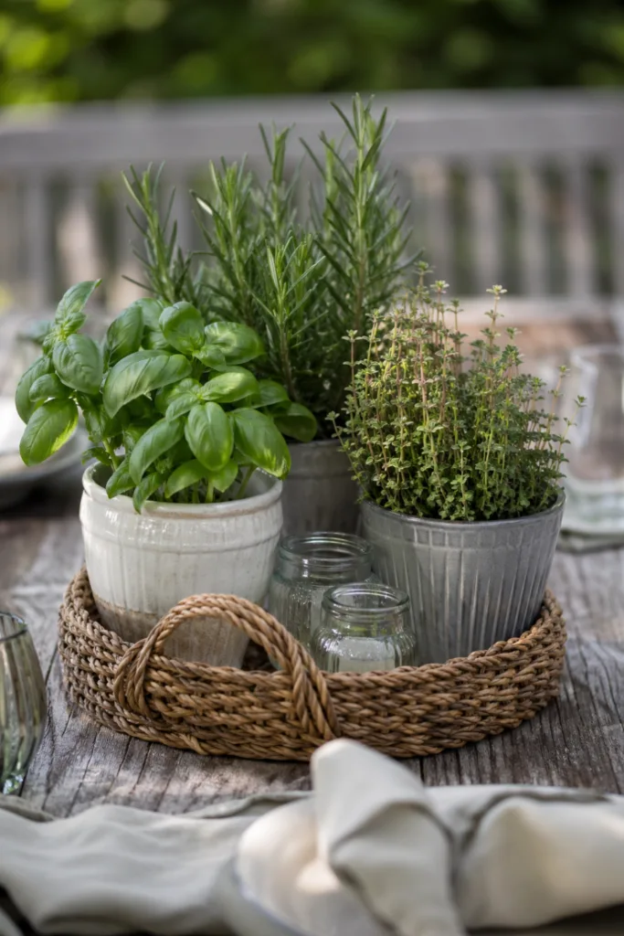 Gartentisch Deko im Mai mit frischen Kräutern wie Basilikum, Rosmarin und Thymian in Töpfen