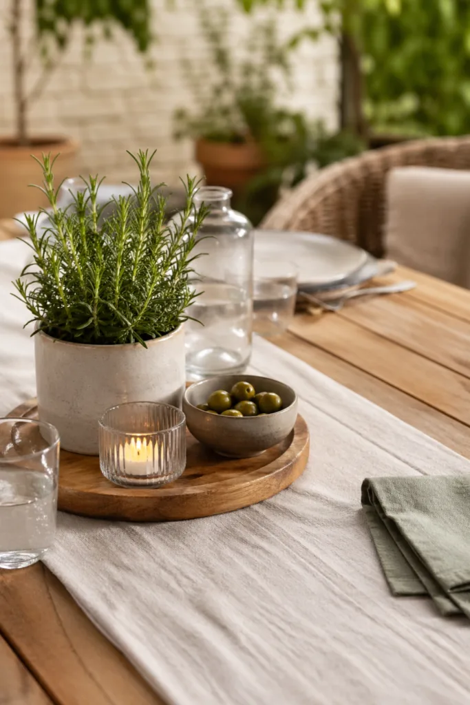 Gartentisch Deko im Mai mit Holz, Leinen, Kräutern und warmen Materialien im Garten