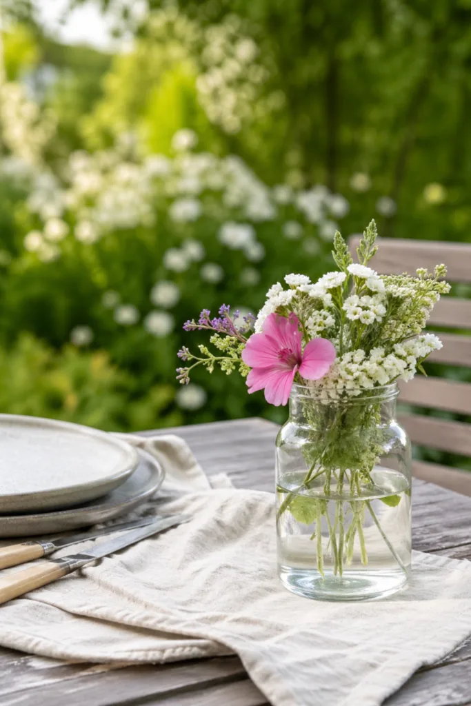 Gartentisch Deko im Mai mit dezenten Blumen im Glas, minimalistisch und natürlich gestaltet im Garten