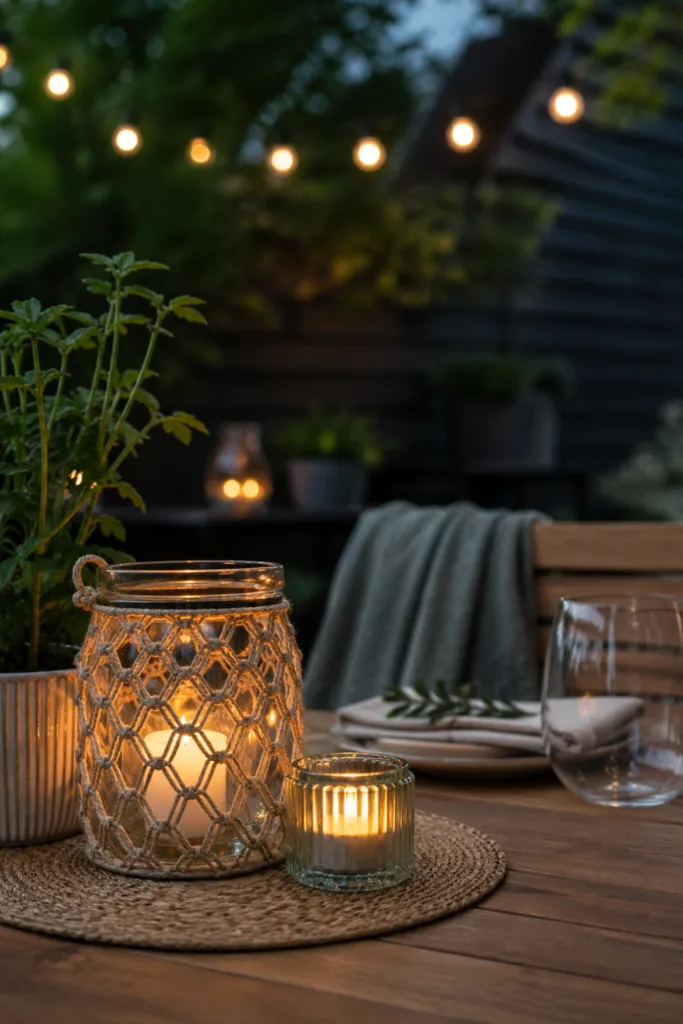 Gartentisch Deko im Mai mit Kerzenlicht, Windlichtern und gemütlicher Abendstimmung im Garten
