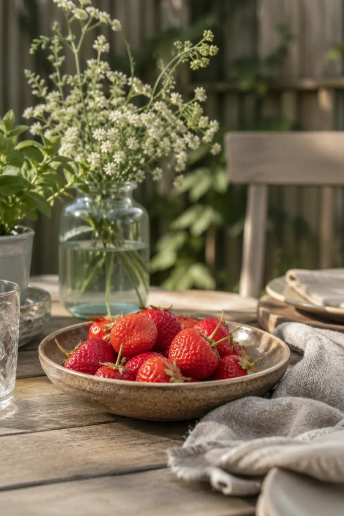 Gartentisch Deko im Mai mit Erdbeeren, Glasvase, Holz und natürlichen Materialien im Garten