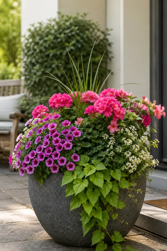 Vorgarten Deko im Mai mit großem Pflanzkübel, blühenden Blumen und strukturierter Eingangsbereich Gestaltung