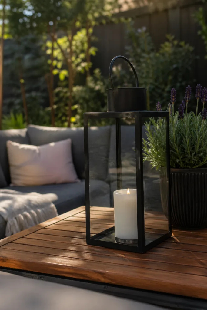Moderne Gartendeko im Mai mit Laterne, Holzterrasse und ruhiger Sitzbereich Gestaltung