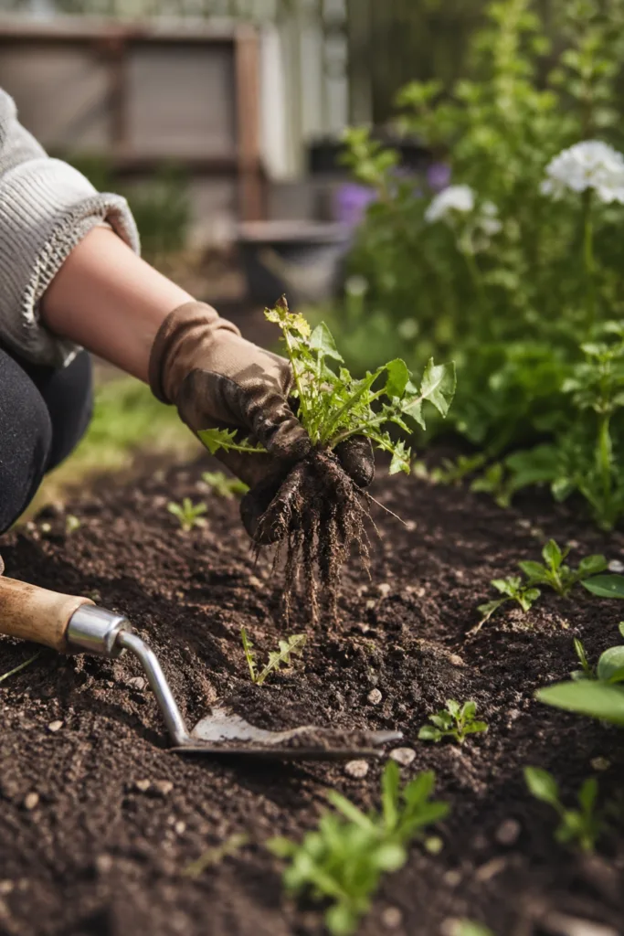 Gartenarbeiten im Mai Unkraut entfernen mit Wurzel im Beet für gesunde Pflanzen