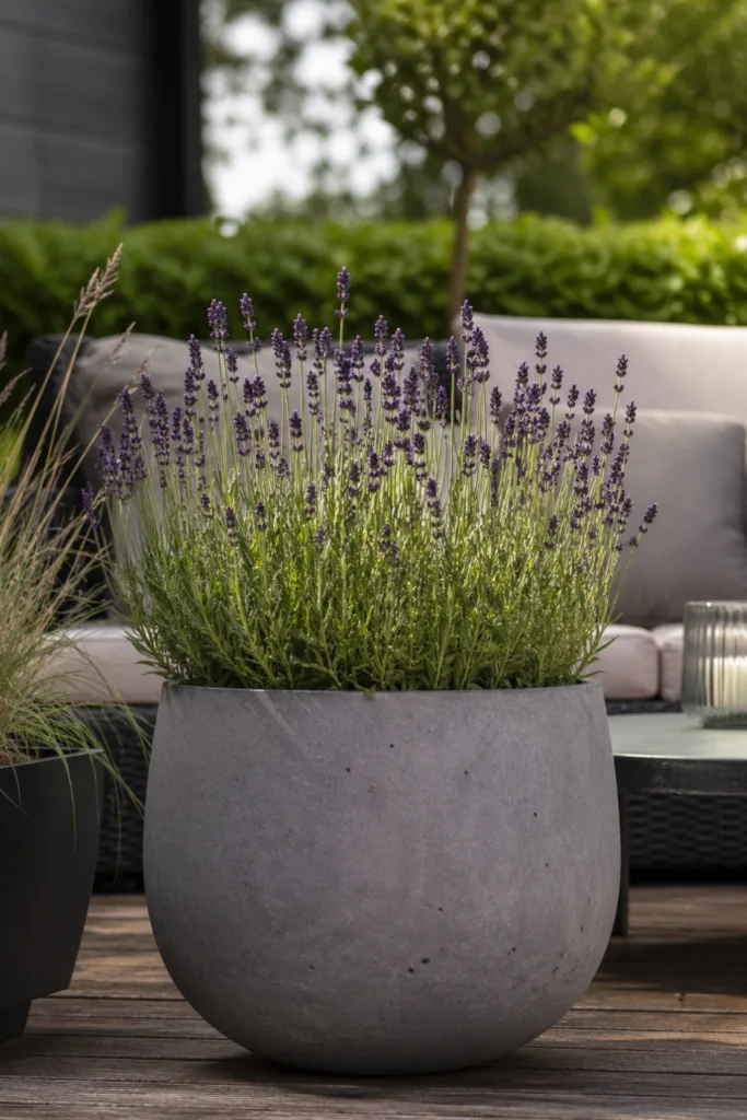 Moderne Gartendeko im Mai mit großem Pflanzgefäß und Lavendel auf Terrasse