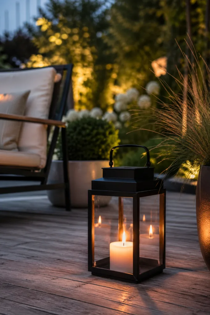 Moderne Gartendeko im Mai mit Laterne, warmem Licht und Terrasse bei Abendstimmung