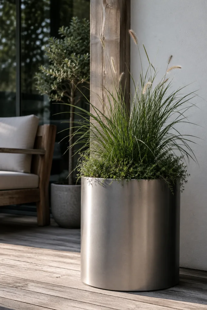 Moderne Gartendeko im Mai mit Metall Pflanzgefäß und Holzterrasse im Garten