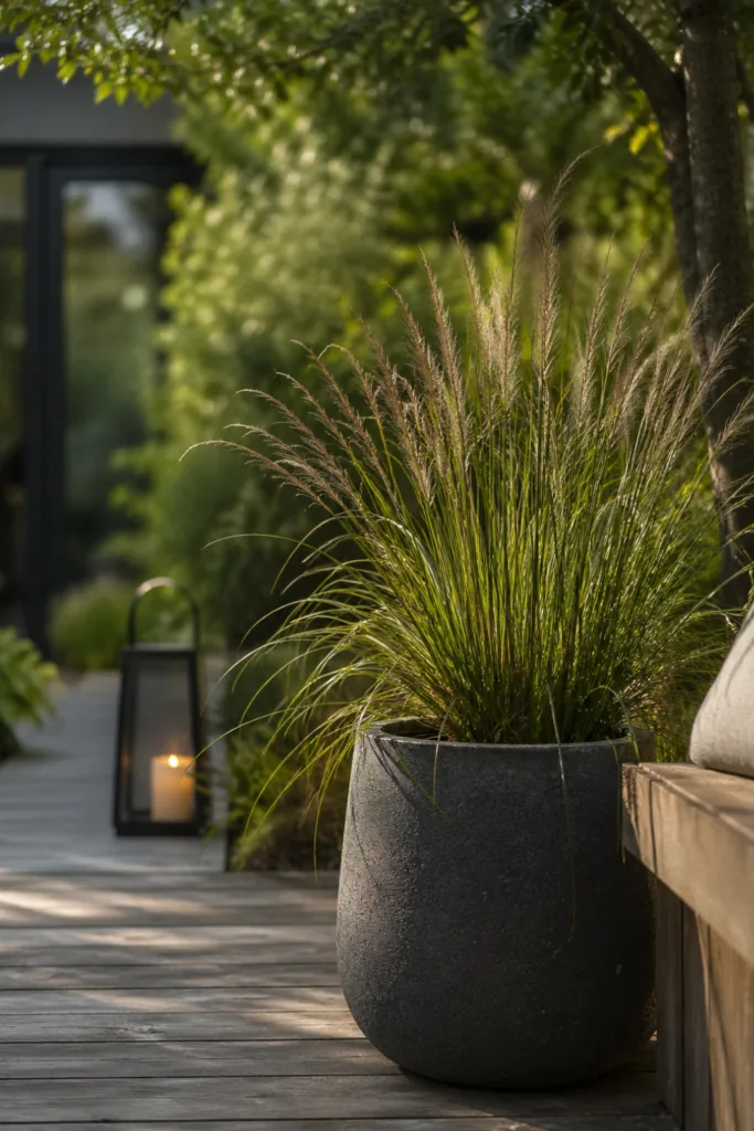 Moderne Gartendeko im Mai mit klarer Sichtachse und großem Pflanzgefäß im Fokus