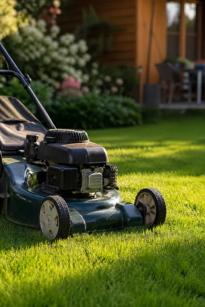 Rasenpflege im Mai mit Rasenmäher auf dichtem, gepflegtem Gartenrasen im Sonnenlicht