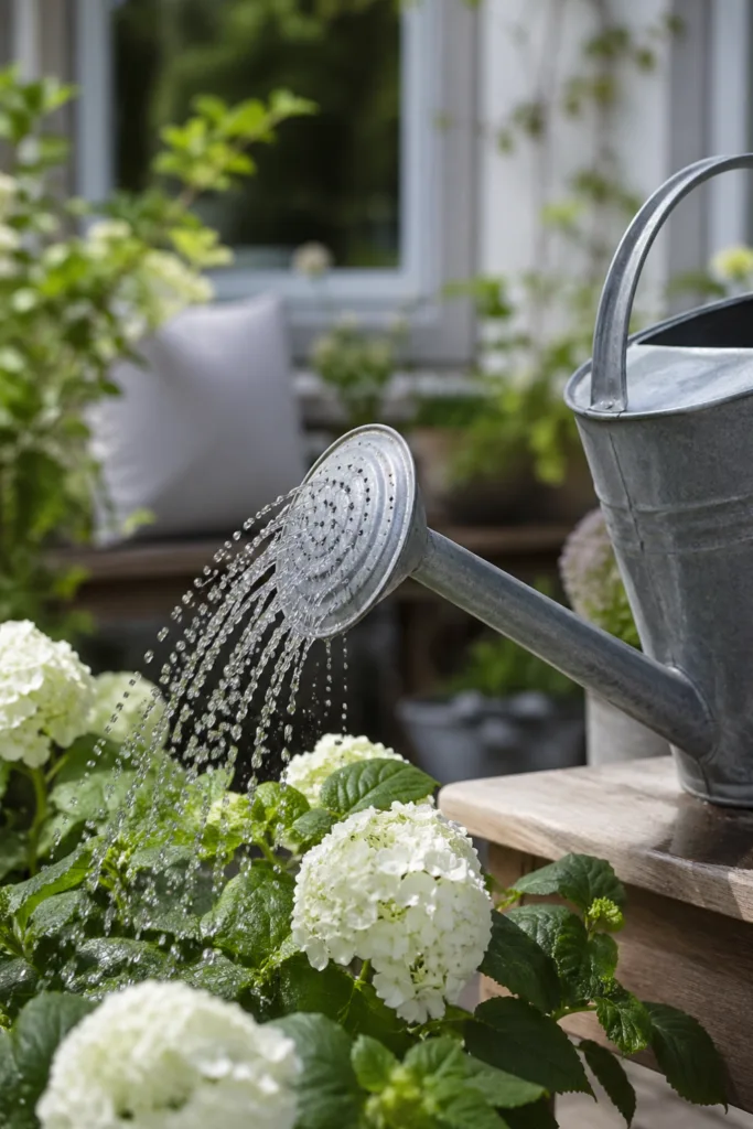 Gartenarbeiten im Mai: Gießkanne bewässert Pflanzen im Garten richtig und gleichmäßig