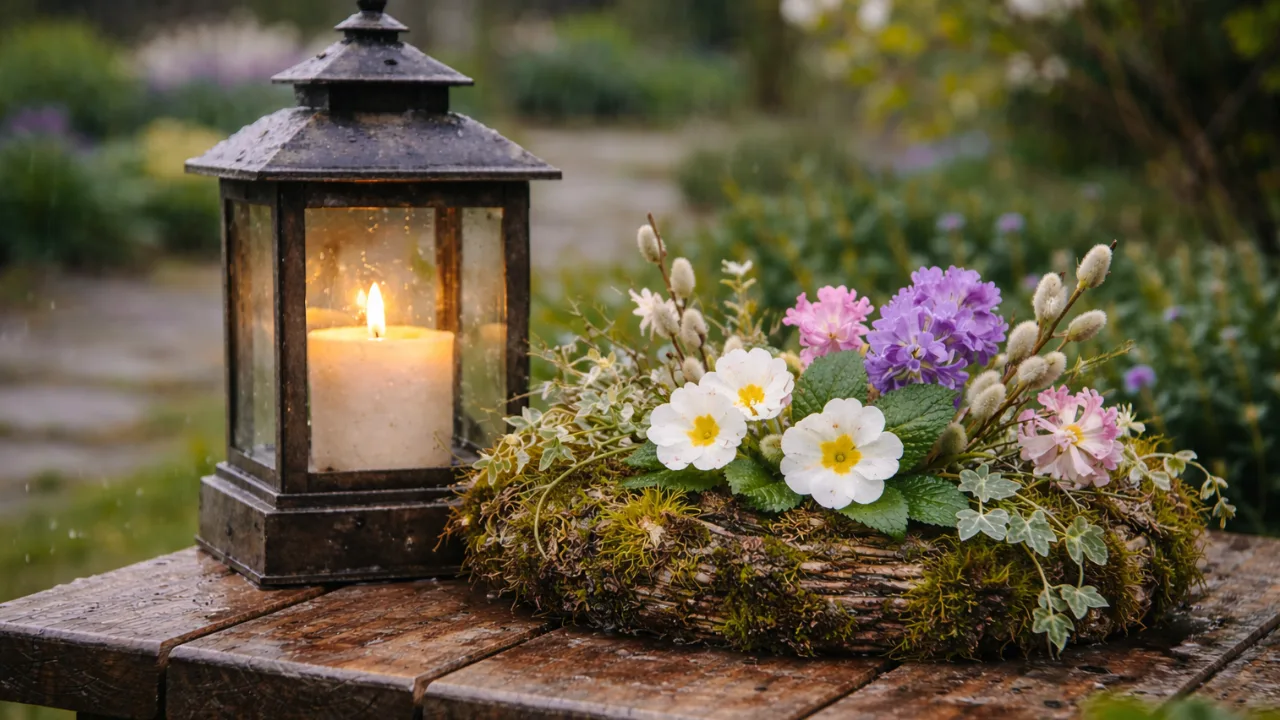 Gartendeko im April: Diese 5 Fehler passieren fast jedem Verwitterte Gartendeko im April mit Laterne und Gesteck im Regen auf Holztisch im Garten