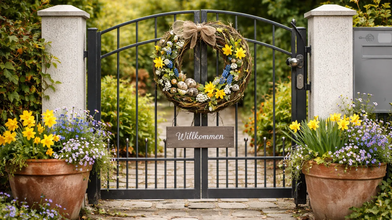 Gartentor Deko im April mit Kranz, Frühblühern und Pflanzkübeln am Eingang