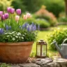 Großer Garten Deko im April mit Pflanzinsel, Tulpen und natürlicher Gartengestaltung