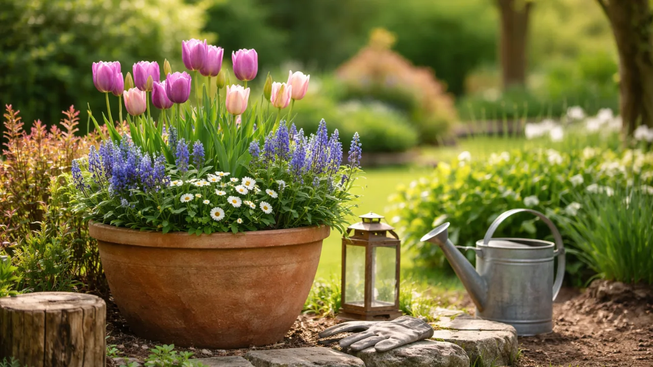 Großer Garten Deko im April mit Pflanzinsel, Tulpen und natürlicher Gartengestaltung
