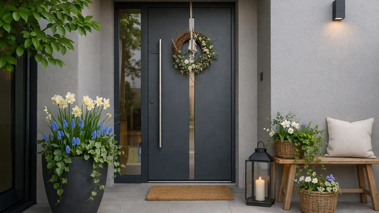 Diese 5 Ideen machen deine Haustür im April zum Hingucker Moderne Haustür Deko im April mit Narzissen, Muscari, Kranz und stilvollem Eingangsbereich