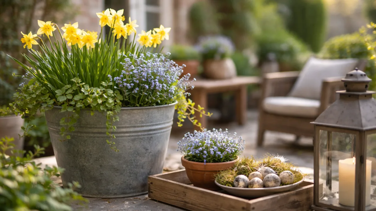 Hof Deko im April mit Pflanzinsel aus Narzissen, Vergissmeinnicht und Holzdeko im Frühling