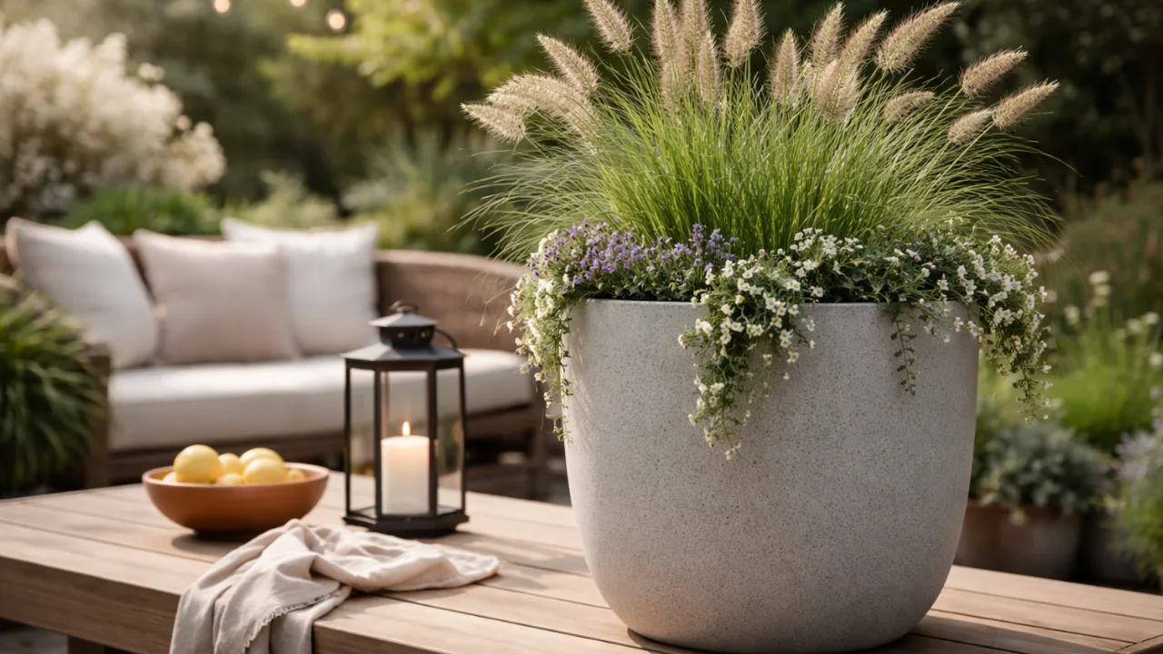 Moderne Gartendeko im April mit großem Pflanzkübel, Gräsern und natürlicher Terrassengestaltung