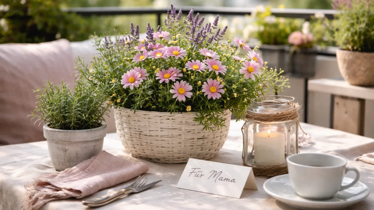 Muttertagsdeko Balkon mit Blumen, Tischdeko, Kräutern und Kerze in natürlichem Licht