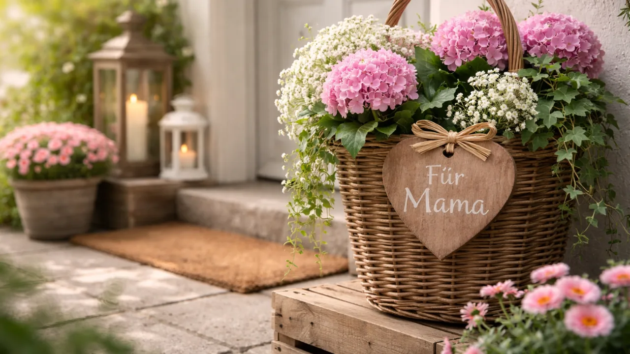 Muttertag Deko Hauseingang mit Hortensien, Korb, Laterne und natürlicher Eingangsdekoration