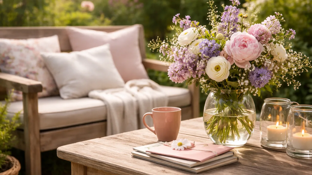 Muttertag Deko im Garten mit Blumenstrauß, Kerzen und dekorierter Sitzecke im Frühling
