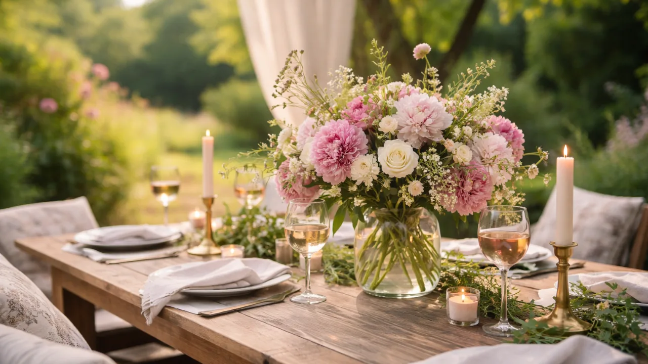 Muttertag großer Garten Deko Idee mit gedeckter Tafel, Blumen und Kerzen im Freien