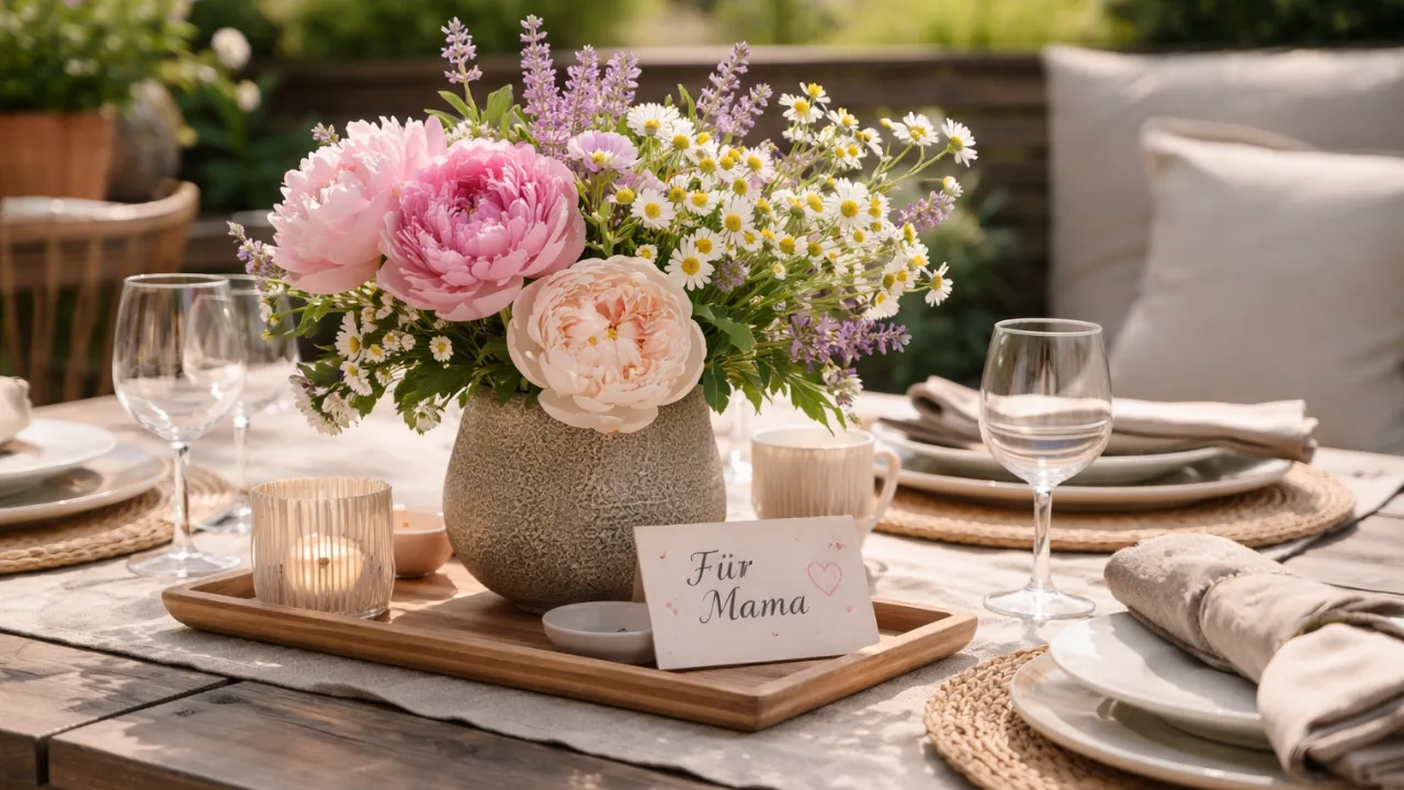 Muttertag Terrasse Deko mit Blumenstrauß, Kerzen und gedecktem Tisch im Garten