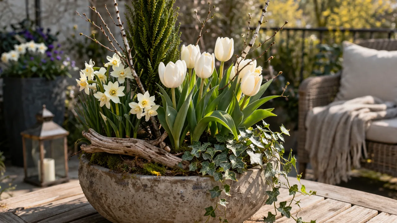 Deko für Pflanzkübel im April mit Tulpen, Narzissen und natürlicher Frühlingsgestaltung im Garten