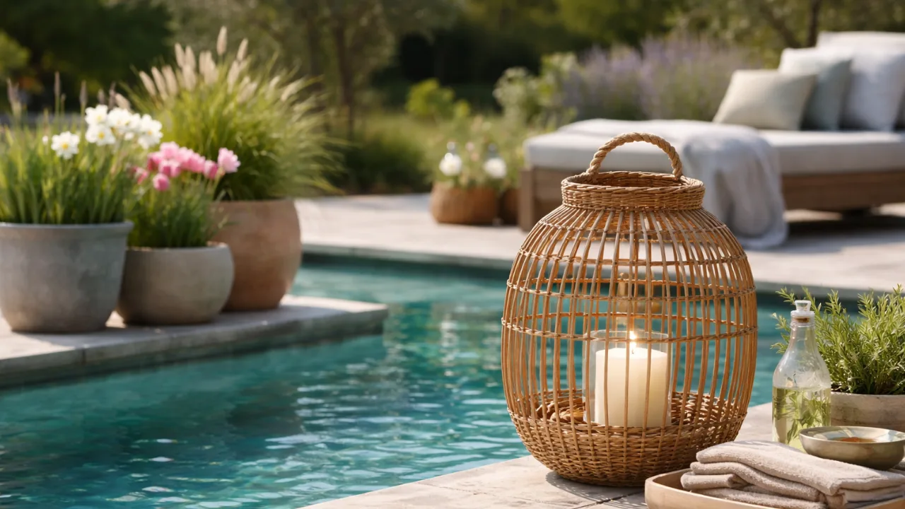 Pooldeko im April mit Rattanlaterne, Frühblühern und gemütlicher Poolgestaltung im Frühling