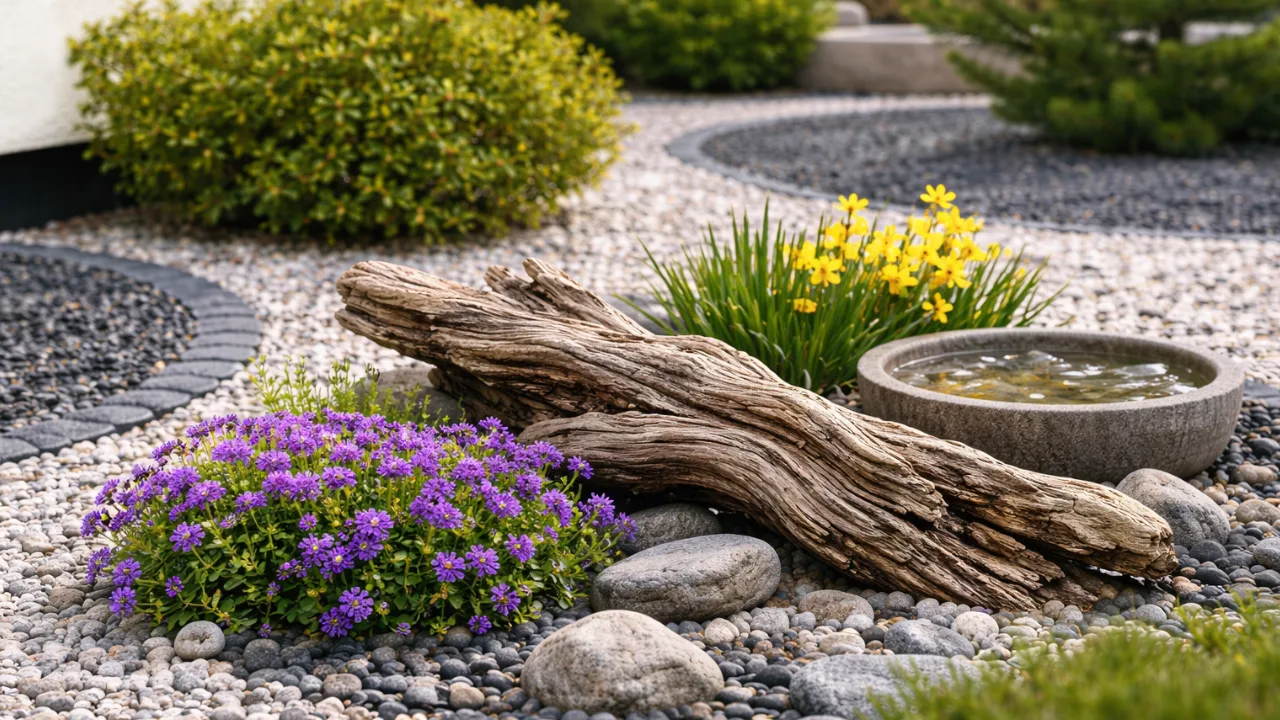 Steingarten Deko im April mit Holz, Frühblühern und Wasser im modernen Garten