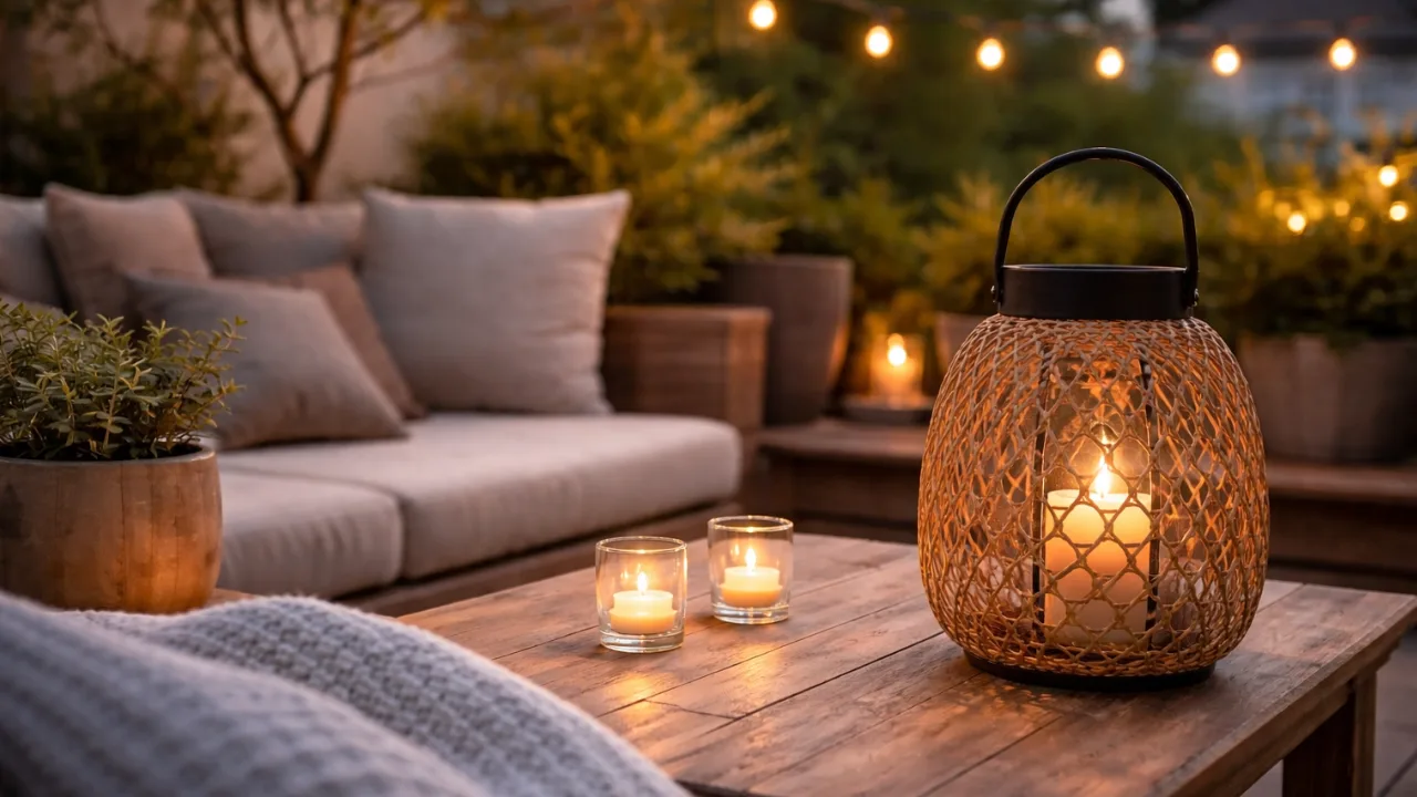 Terrassengestaltung im Frühling mit warmem Licht, Laterne und gemütlicher Sitzlounge