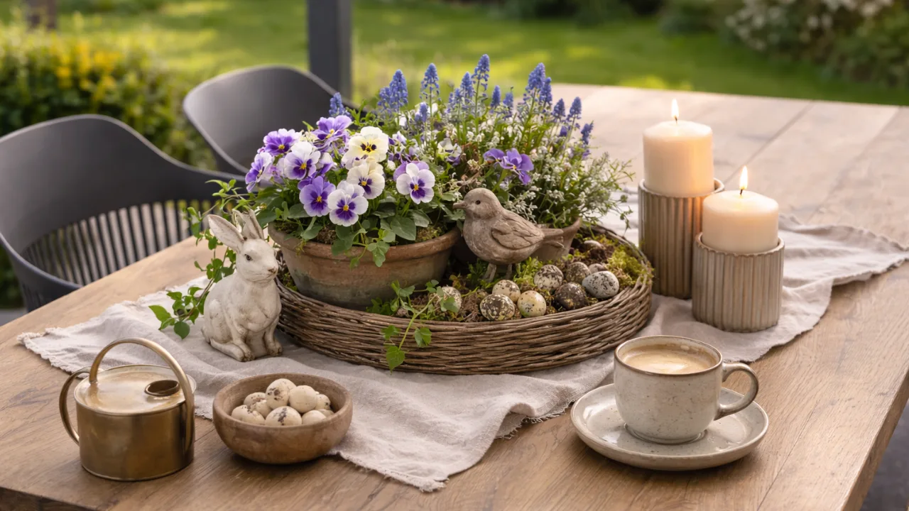 Terrassentisch Deko im April mit Frühlingsblumen, Kerzen und natürlicher Tischgestaltung draußen