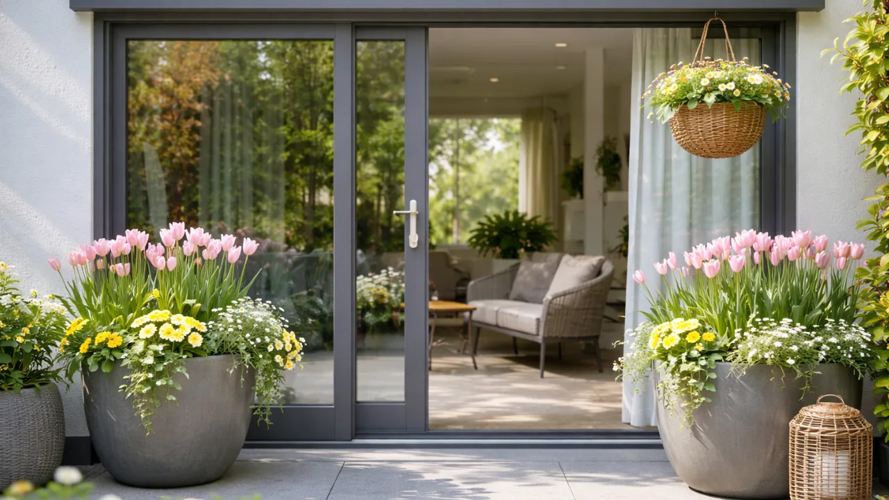 Terrassentür Deko im April mit Pflanzkübeln, Tulpen und Frühlingsblumen an moderner Terrasse