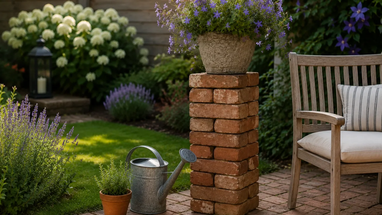 Gartendeko mit Backsteinen als Kräuterbeet auf gemütlicher Terrasse im Garten