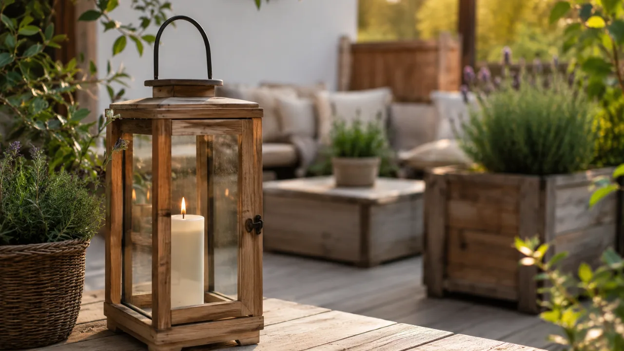 Terrassendeko mit Holz, Laterne und Pflanzkästen auf gemütlicher Gartenterrasse im Abendlicht.