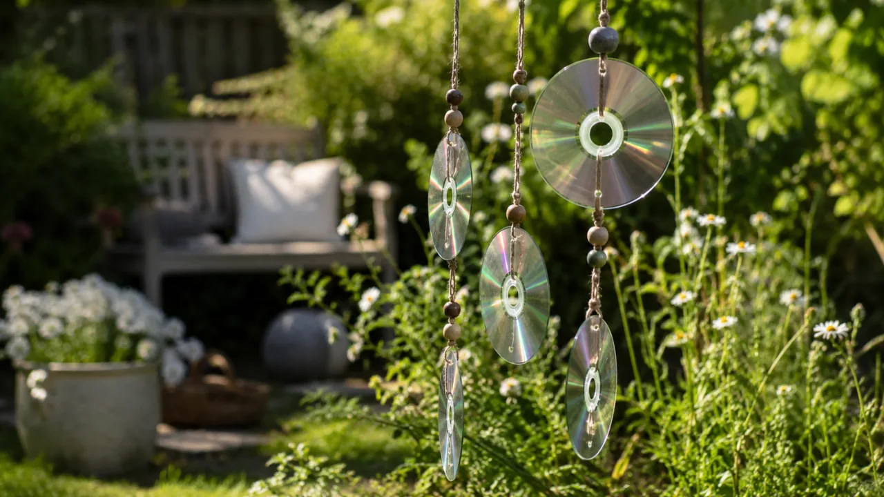 Gartendeko mit alten CDs als Windspiel zwischen Pflanzen im sonnigen Garten.