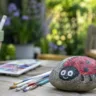 Gartendeko mit Kindern basteln: bemalter Marienkäfer-Stein auf Holztisch im Garten.