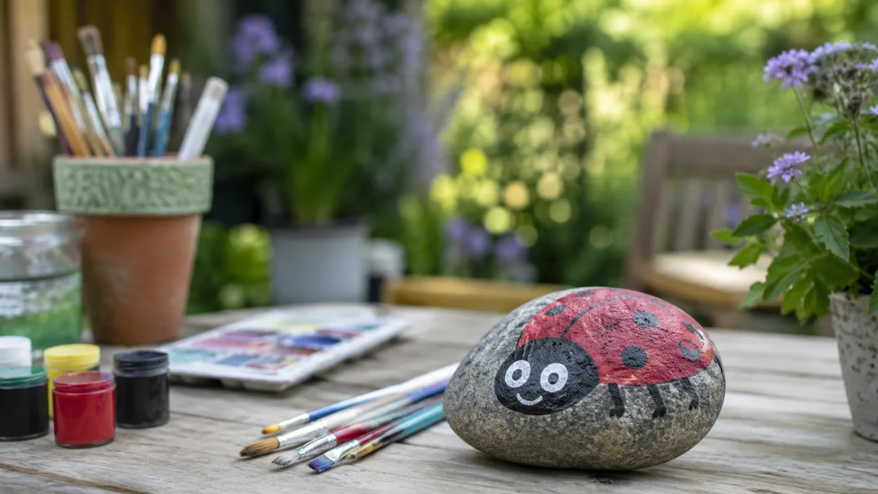Gartendeko mit Kindern basteln: bemalter Marienkäfer-Stein auf Holztisch im Garten.
