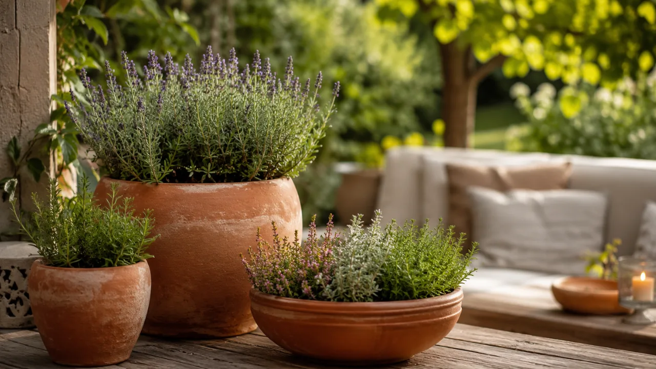 Gartendeko mit Terrakotta auf Holzterrasse mit Lavendel und mediterranen Pflanzen im Garten.