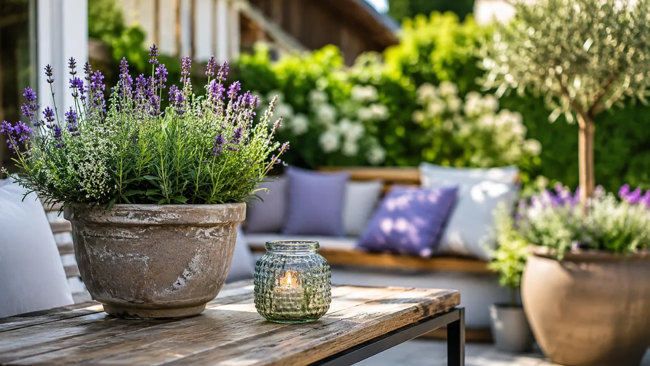 Gartendeko im Juni mit Lavendel, Terrakotta und gemütlichem Sitzbereich auf der Terrasse