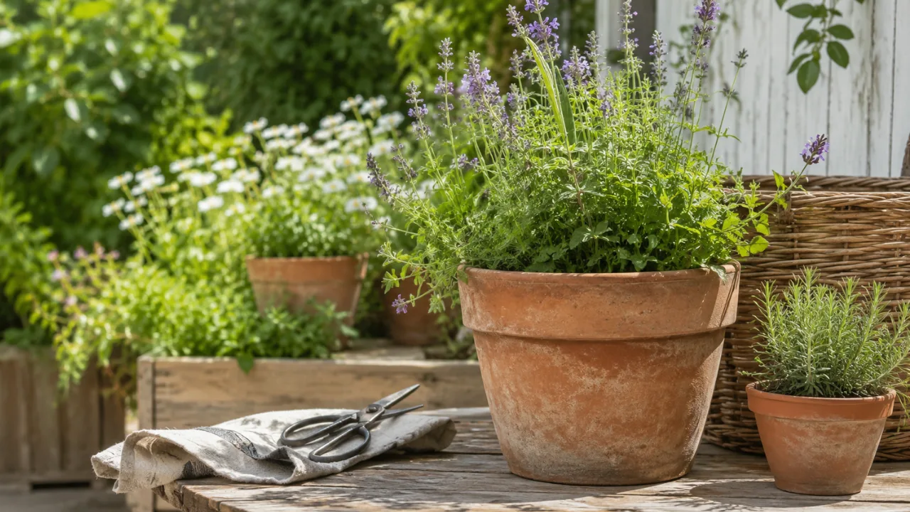 Gartendeko mit Tontöpfen auf Holztisch mit Lavendel und Kräutern im Garten.