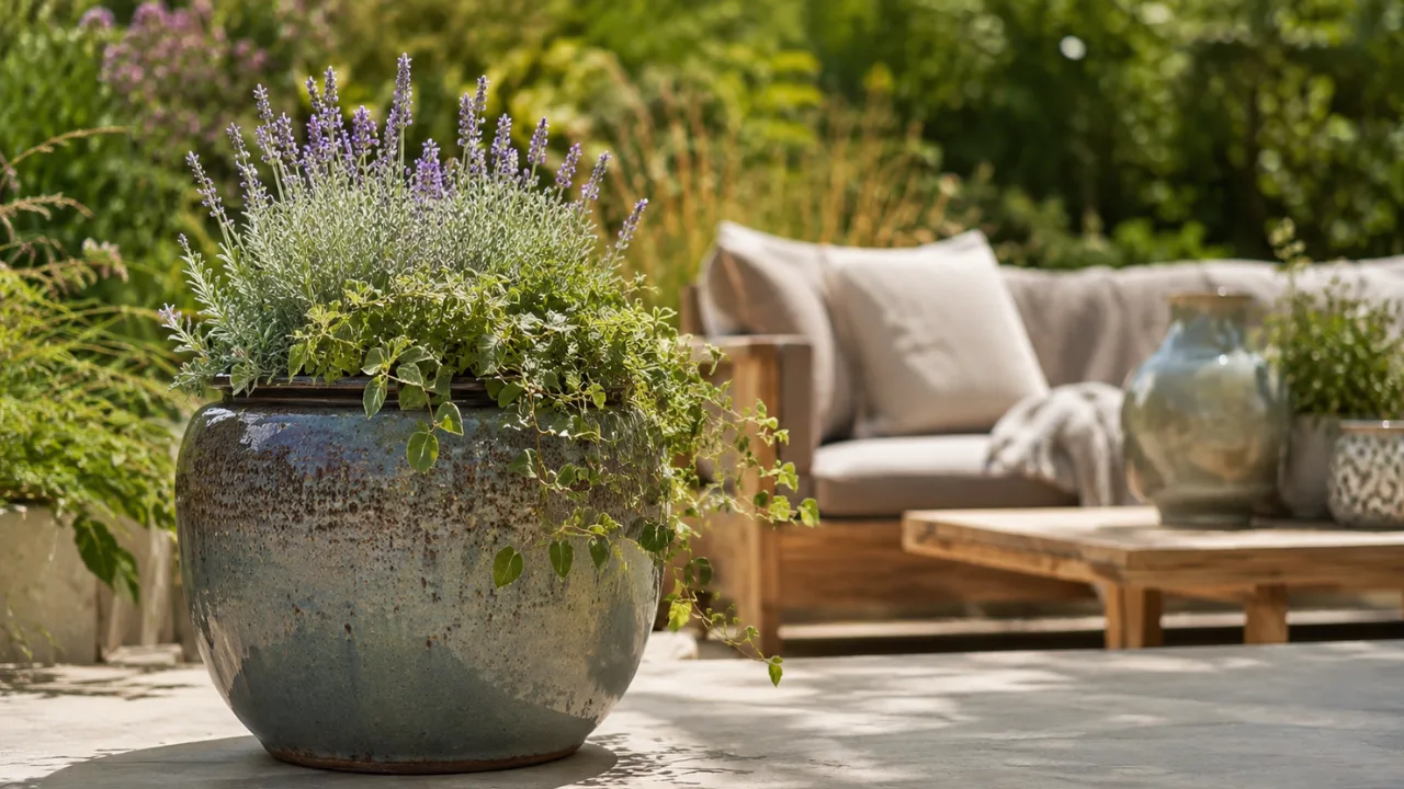 Gartendeko aus Keramik mit großem Pflanztopf auf sonniger Terrasse im Garten.