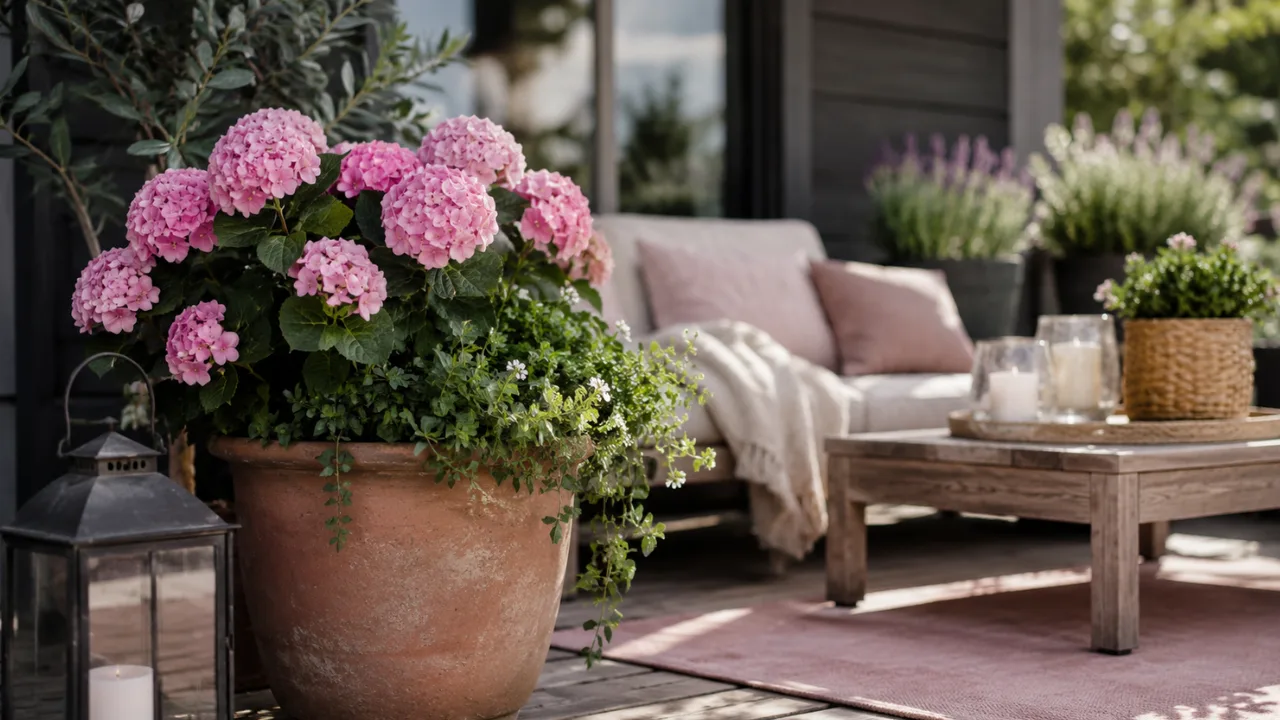Terrassendeko im Juni mit Hortensie, Laterne und gemütlichem Sitzbereich im Sommerlicht