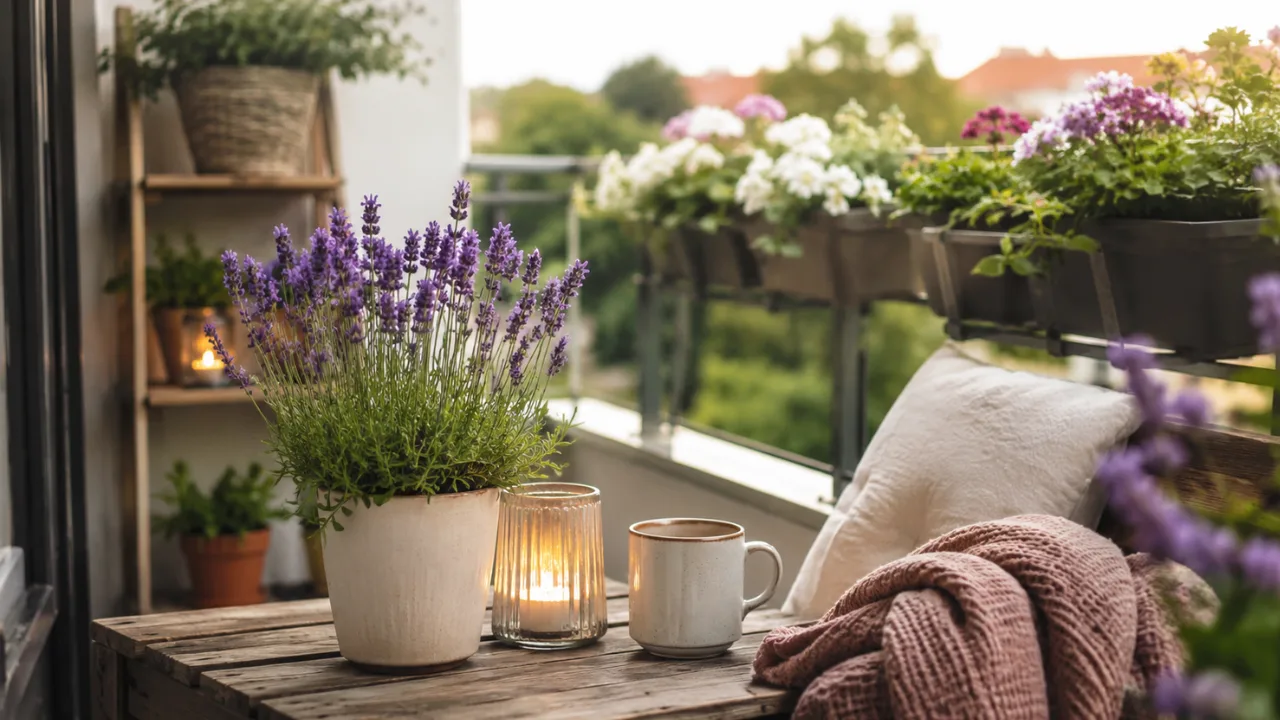 Balkondeko im Juni mit Lavendel, Sommerblumen, Lichterglas und gemütlichem Balkon im Abendlicht