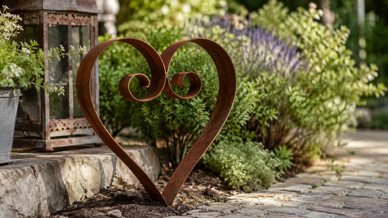 Gartendeko aus Eisen mit rostigem Herz im naturnahen Garten am Steinweg