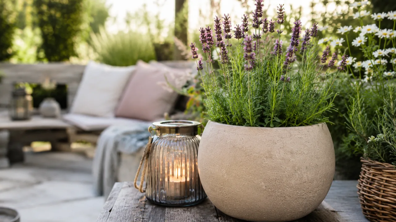 Gartendeko im Sommer mit Lavendel im Pflanzkübel und stimmungsvoller Terrassenbeleuchtung