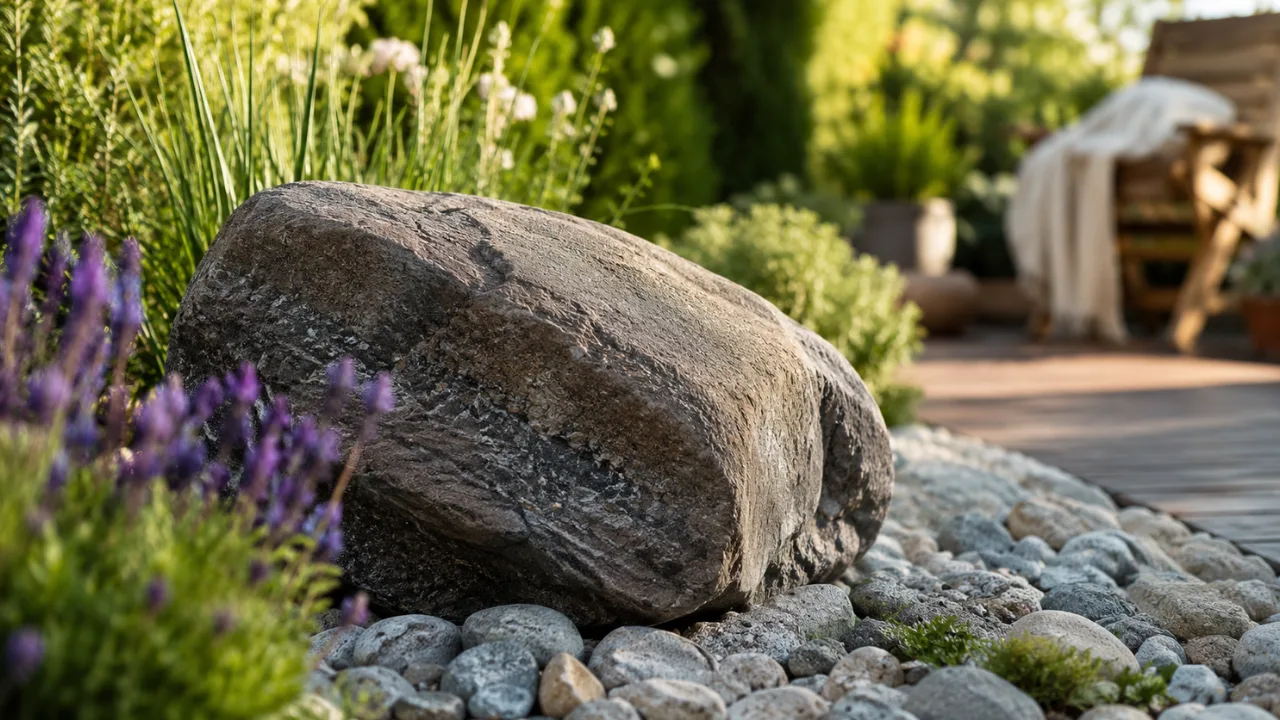 Großer Naturstein als Gartendeko im Beet mit Kies und Pflanzen im naturnahen Garten.