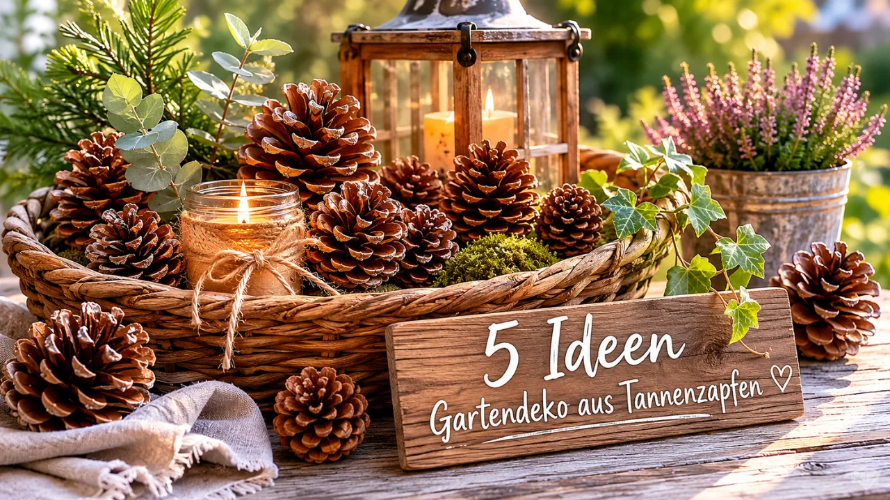 Gartendeko aus Tannenzapfen in Holzschale mit Kerzen und Naturmaterialien auf einer Terrasse.