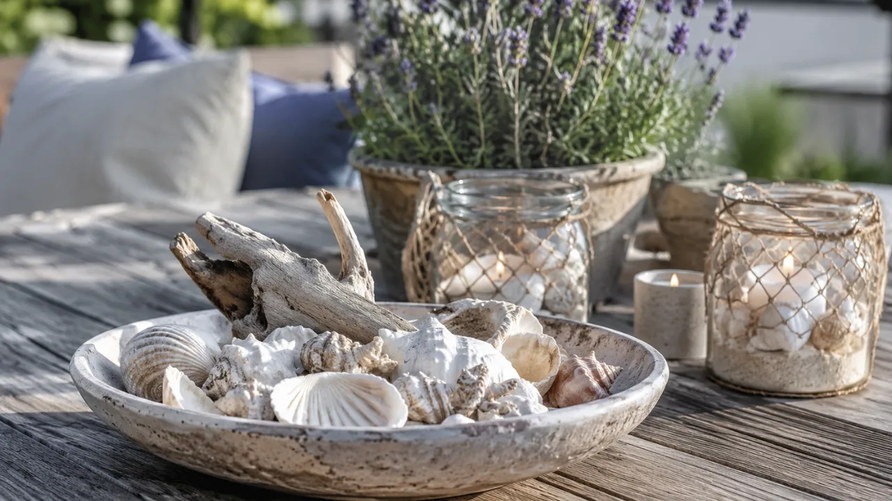 Gartendeko mit Muscheln auf Holztisch mit Windlichtern und Lavendel im Garten