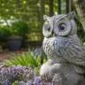 Gartendeko Figur aus Stein zwischen Blumen und Pflanzen als Blickfang im Garten.
