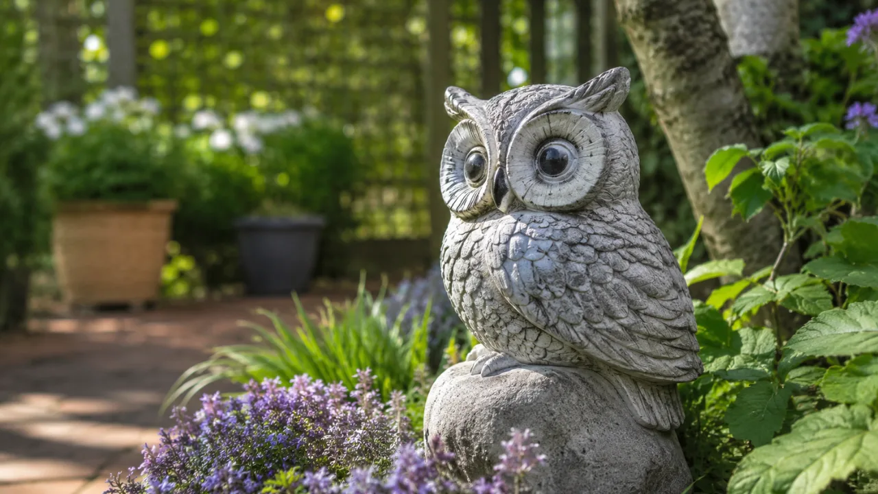 Gartendeko Figur aus Stein zwischen Blumen und Pflanzen als Blickfang im Garten.